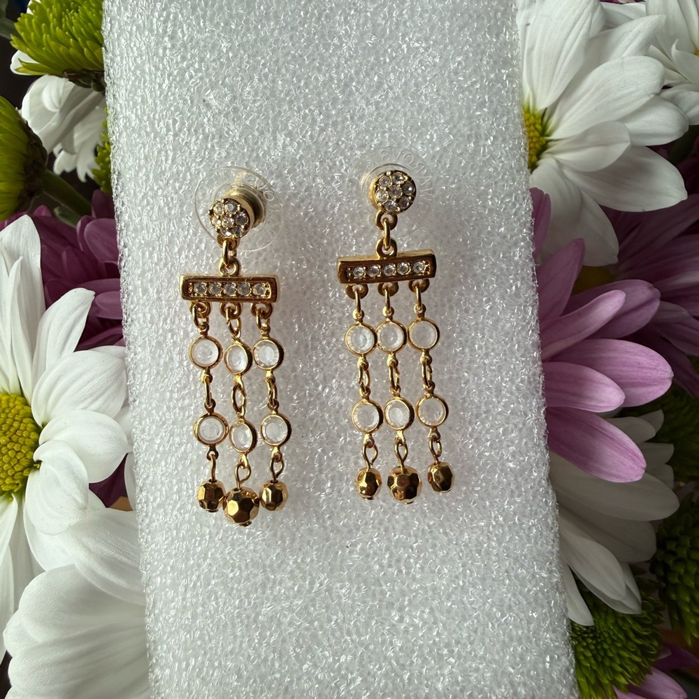 Vintage Swarovski White Bezel Crystal Gold Tone Pierced Dangle Earrings